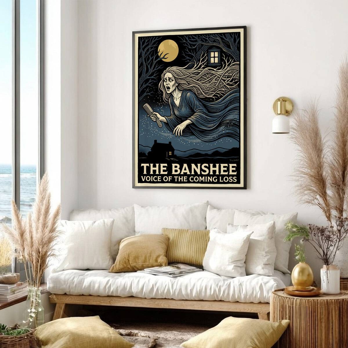 Poster featuring a crying Banshee with flowing hair and a comb in moonlight