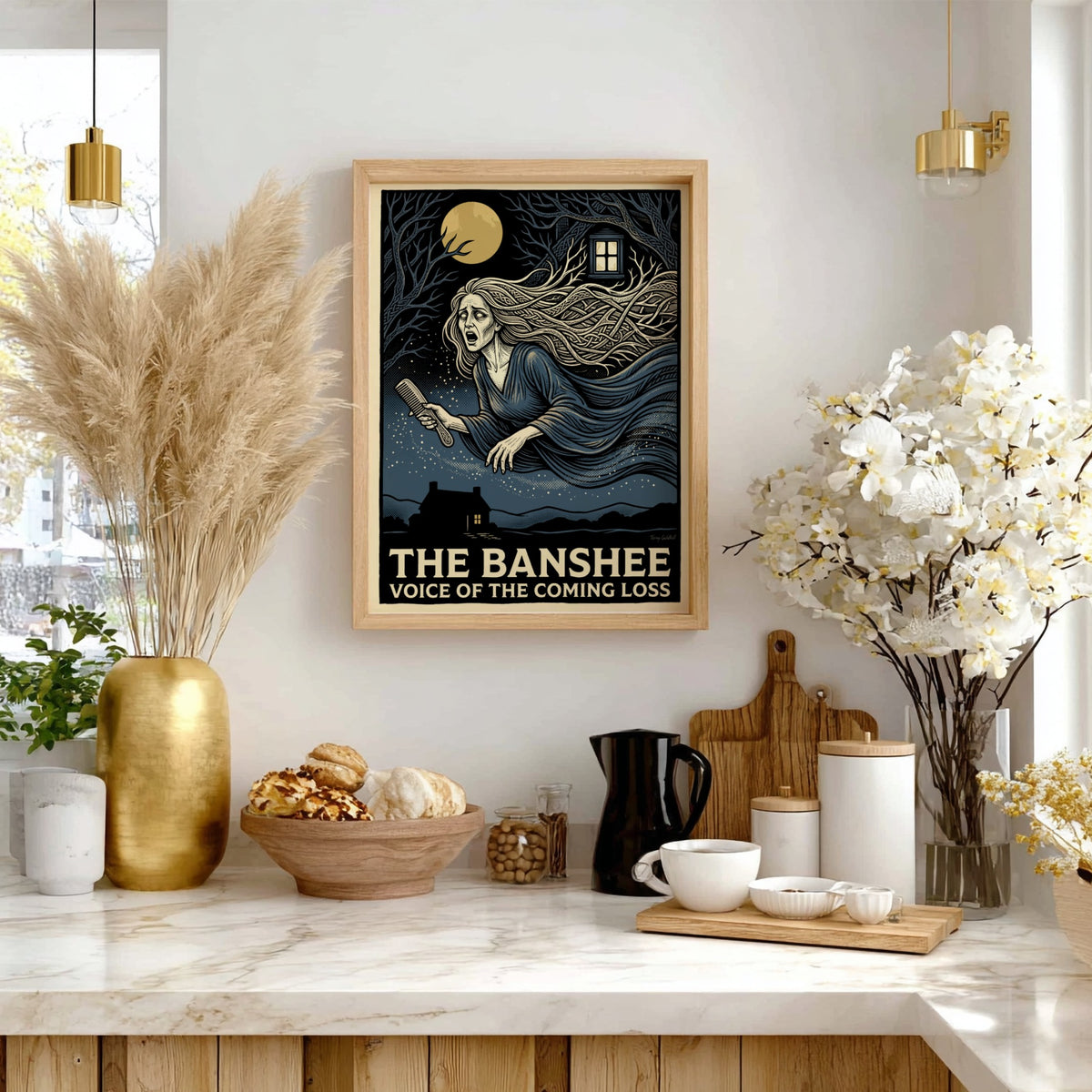 Poster featuring a crying Banshee with flowing hair and a comb in moonlight