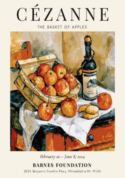 Cézanne Exhibition Poster featuring The Basket of Apples with vibrant colors and warm tones
