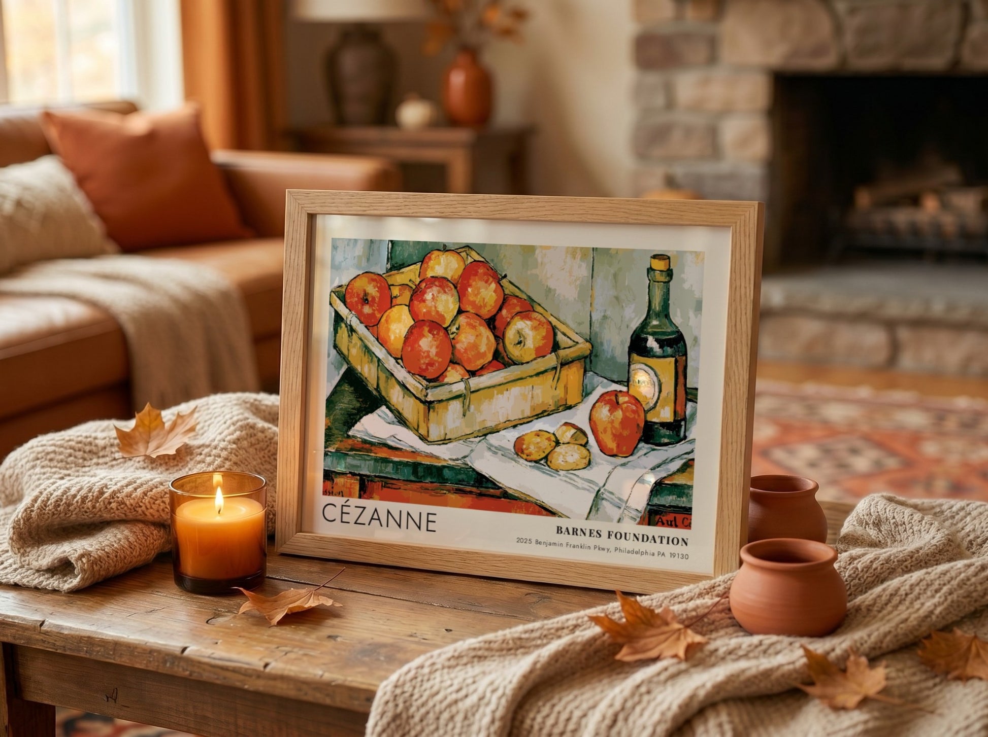Wall art poster featuring Cézanne painting The Basket of Apples with fruit and bottle