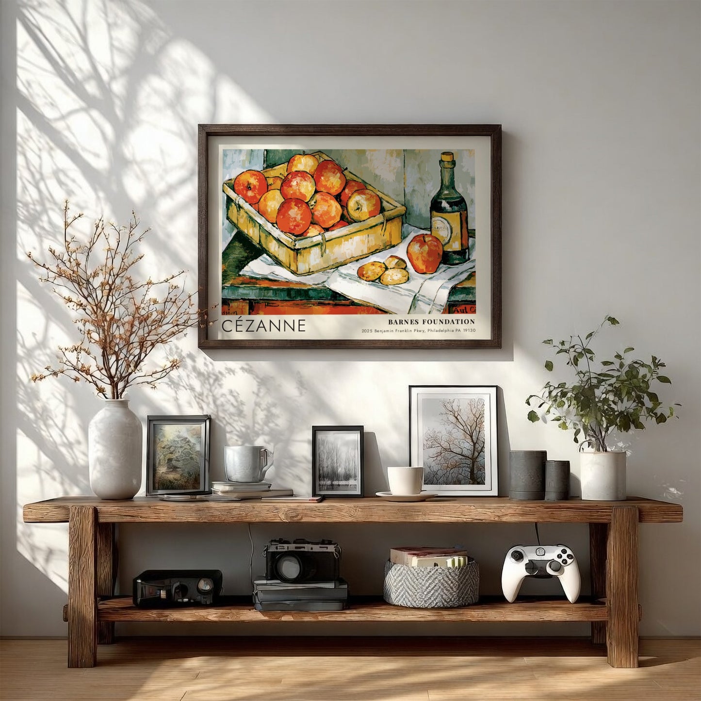 Wall art poster featuring Cézanne painting The Basket of Apples with fruit and bottle