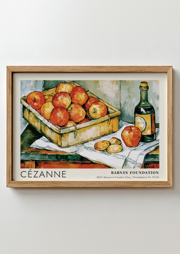 Wall art poster featuring Cézanne painting The Basket of Apples with fruit and bottle
