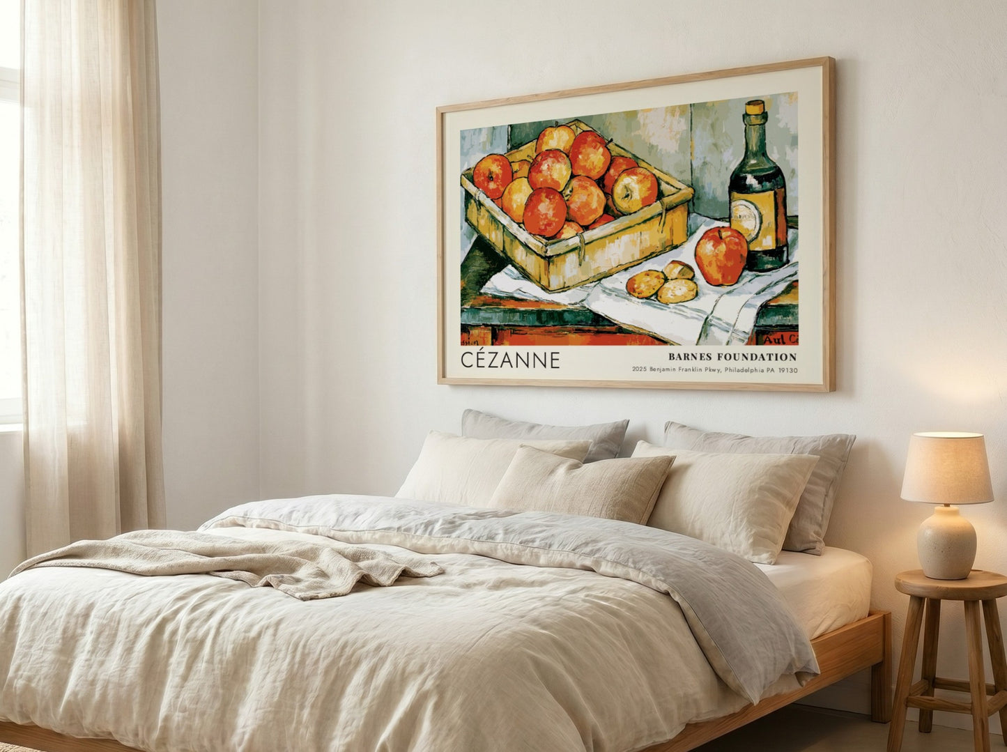 Wall art poster featuring Cézanne painting The Basket of Apples with fruit and bottle