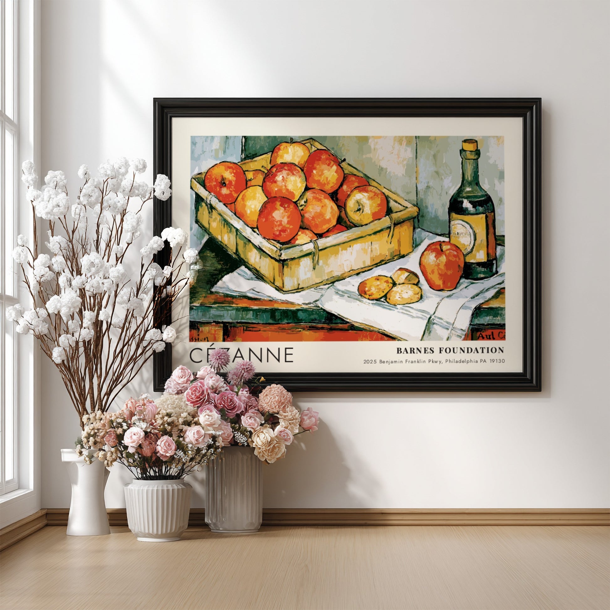 Wall art poster featuring Cézanne painting The Basket of Apples with fruit and bottle