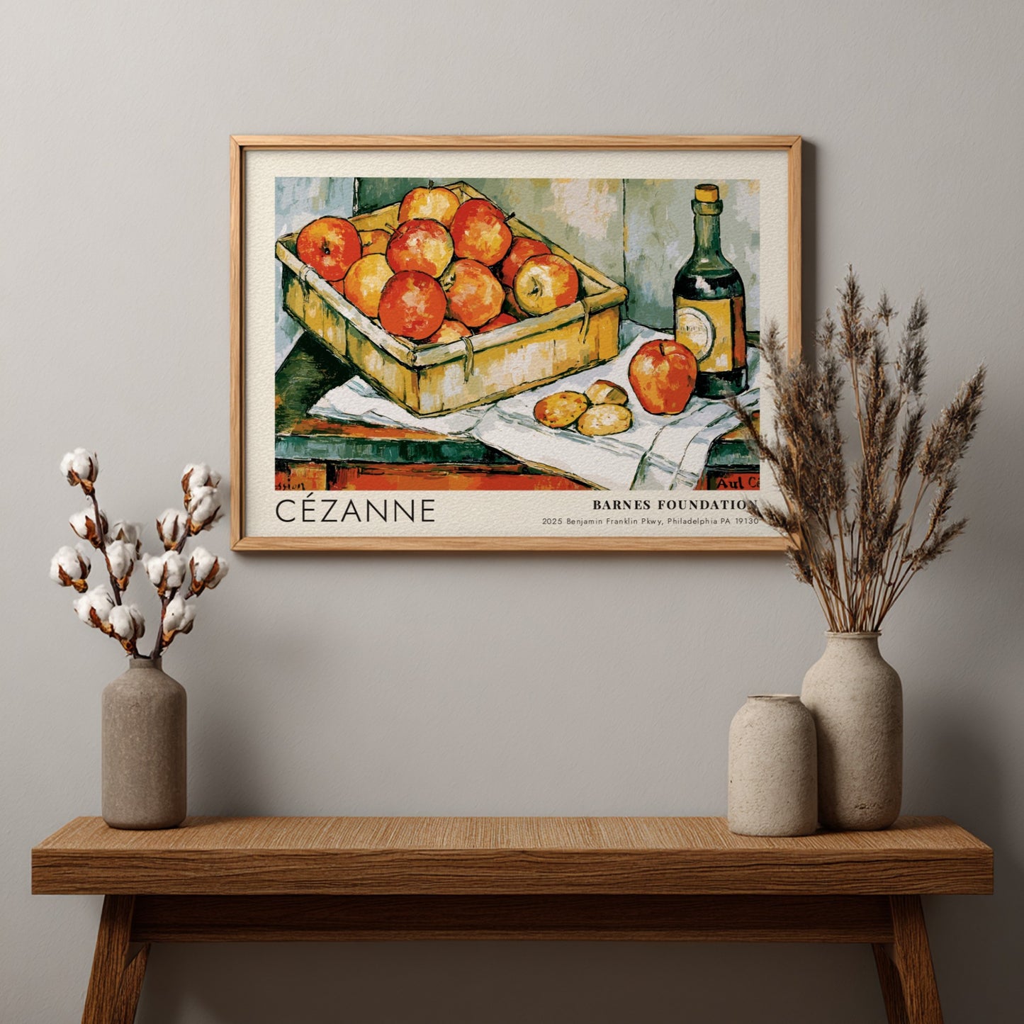 Wall art poster featuring Cézanne painting The Basket of Apples with fruit and bottle