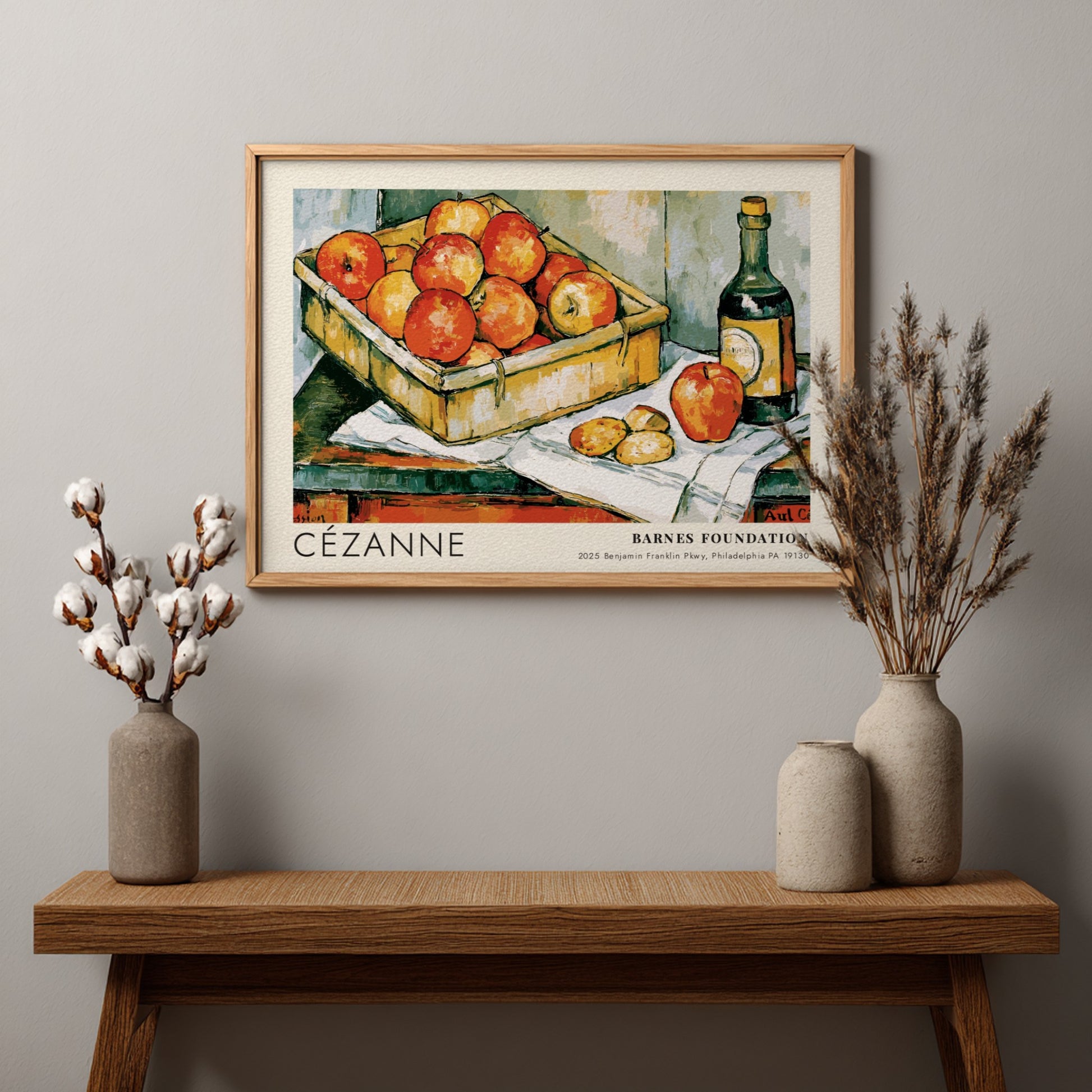 Wall art poster featuring Cézanne painting The Basket of Apples with fruit and bottle