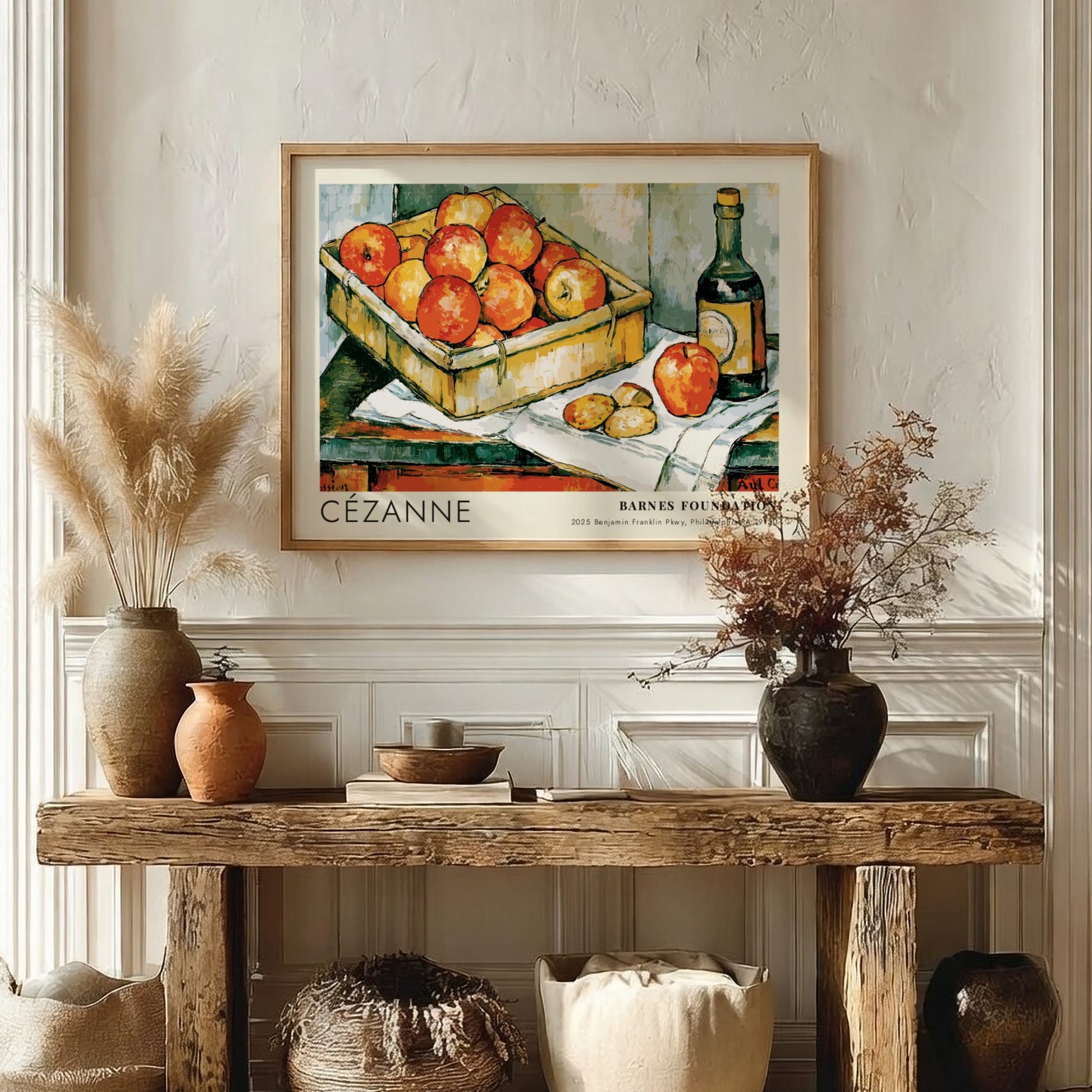 Wall art poster featuring Cézanne painting The Basket of Apples with fruit and bottle