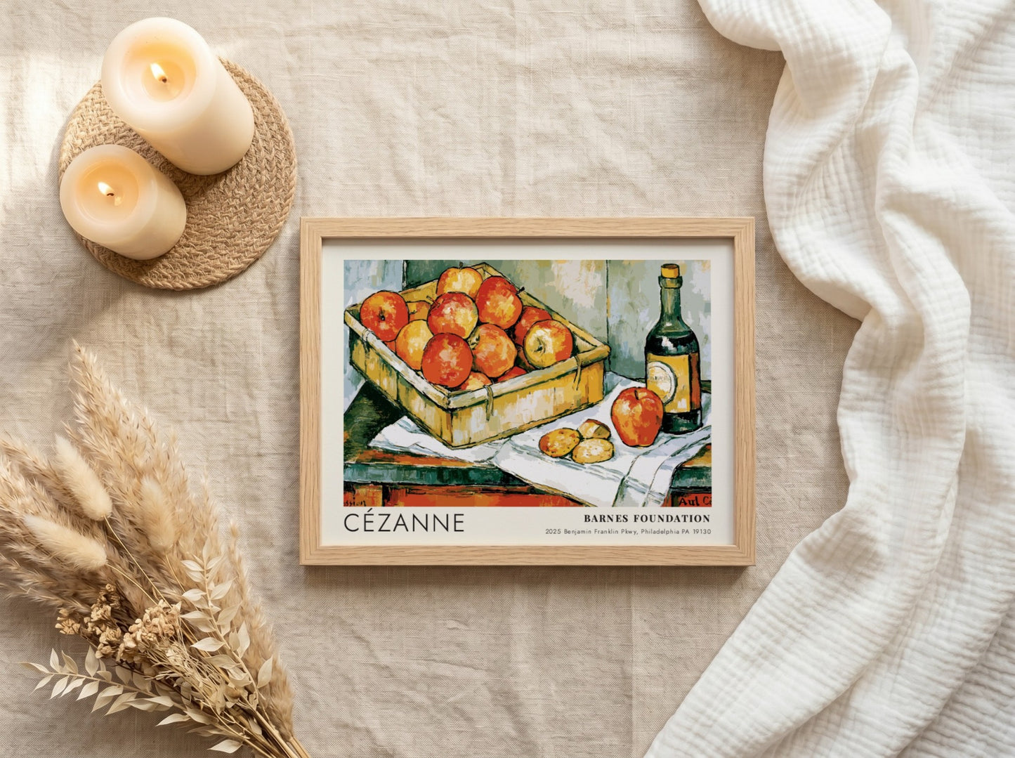 Wall art poster featuring Cézanne painting The Basket of Apples with fruit and bottle
