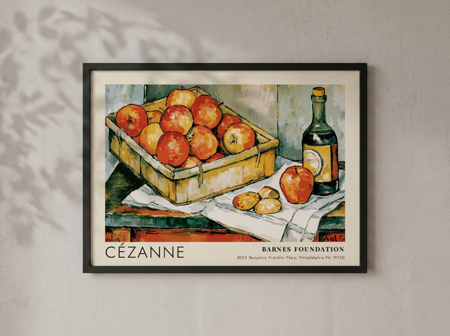 Wall art poster featuring Cézanne painting The Basket of Apples with fruit and bottle
