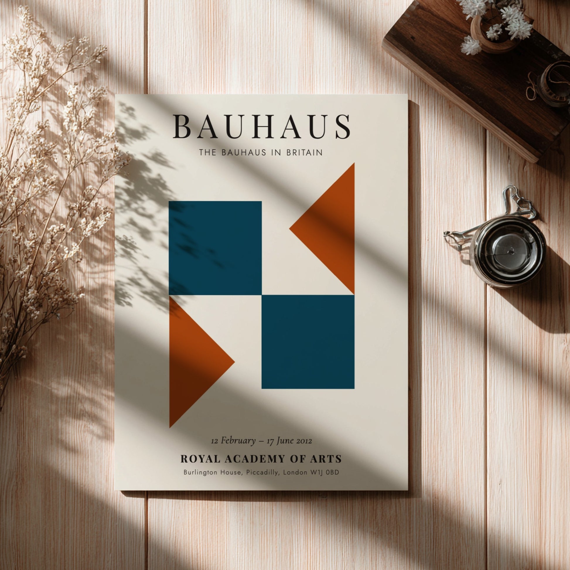 Bauhaus poster showcasing geometric shapes in teal and orange, modern wall decor