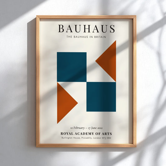 Bauhaus poster showcasing geometric shapes in teal and orange, modern wall decor