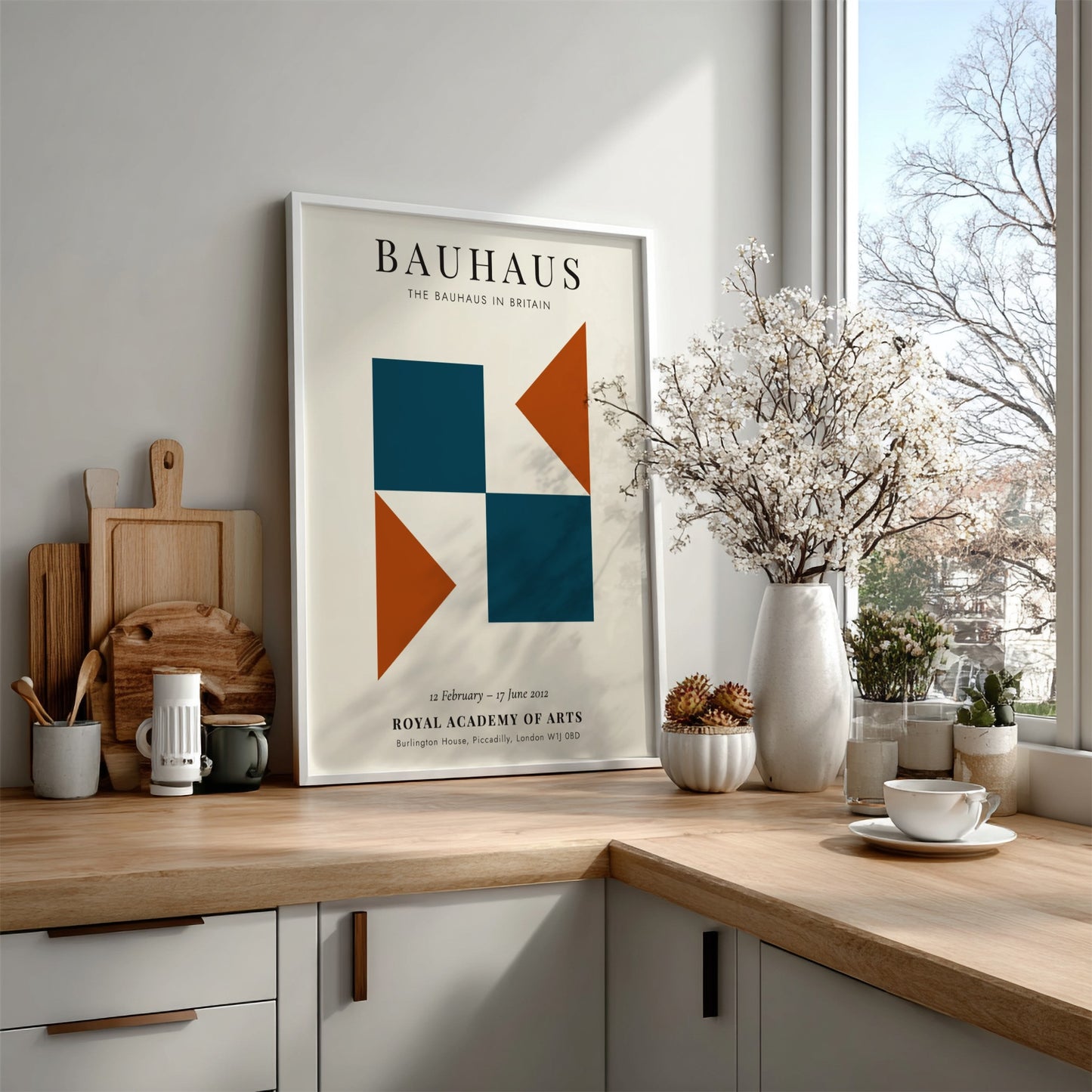 Bauhaus poster showcasing geometric shapes in teal and orange, modern wall decor