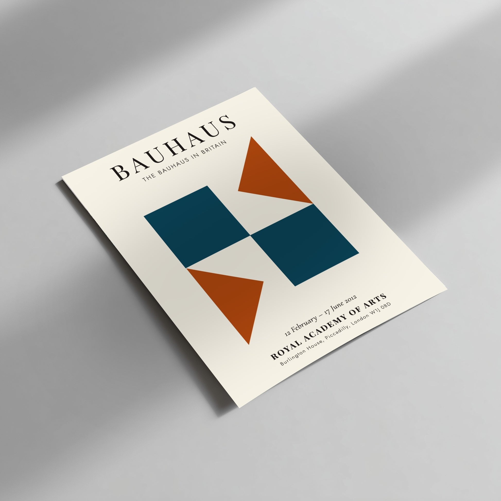 Bauhaus poster showcasing geometric shapes in teal and orange, modern wall decor