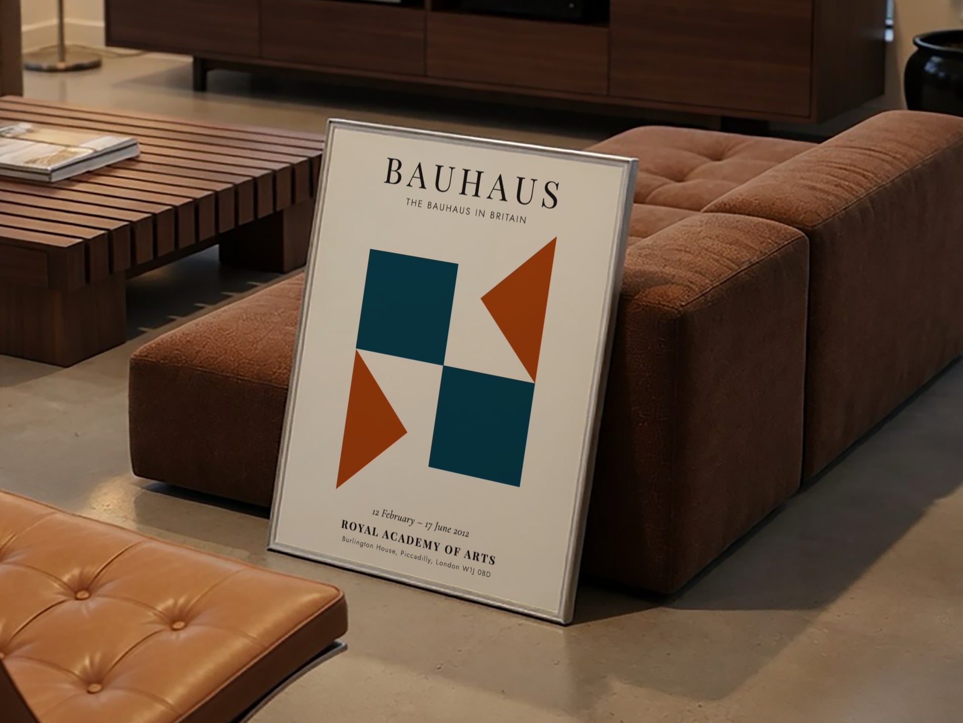 Bauhaus poster showcasing geometric shapes in teal and orange, modern wall decor