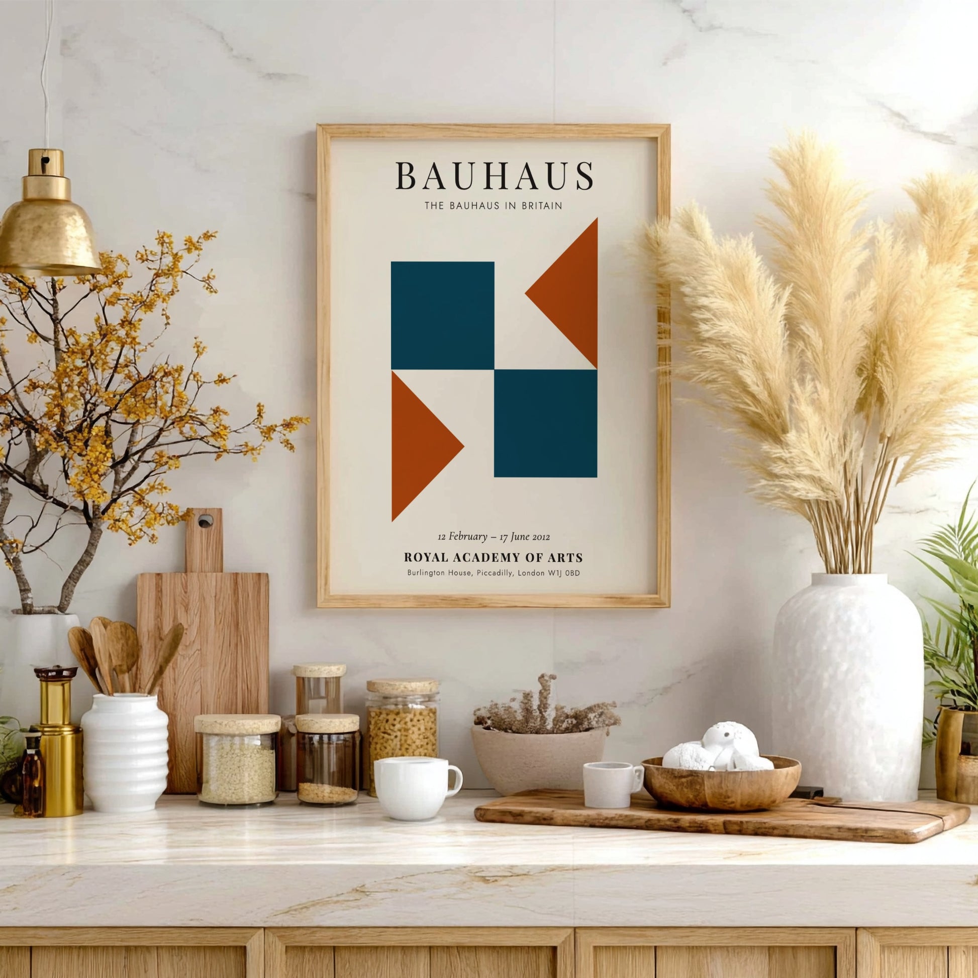 Bauhaus poster showcasing geometric shapes in teal and orange, modern wall decor
