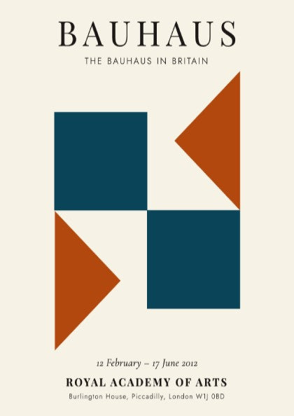 Bauhaus poster showcasing geometric shapes in teal and orange, modern wall decor