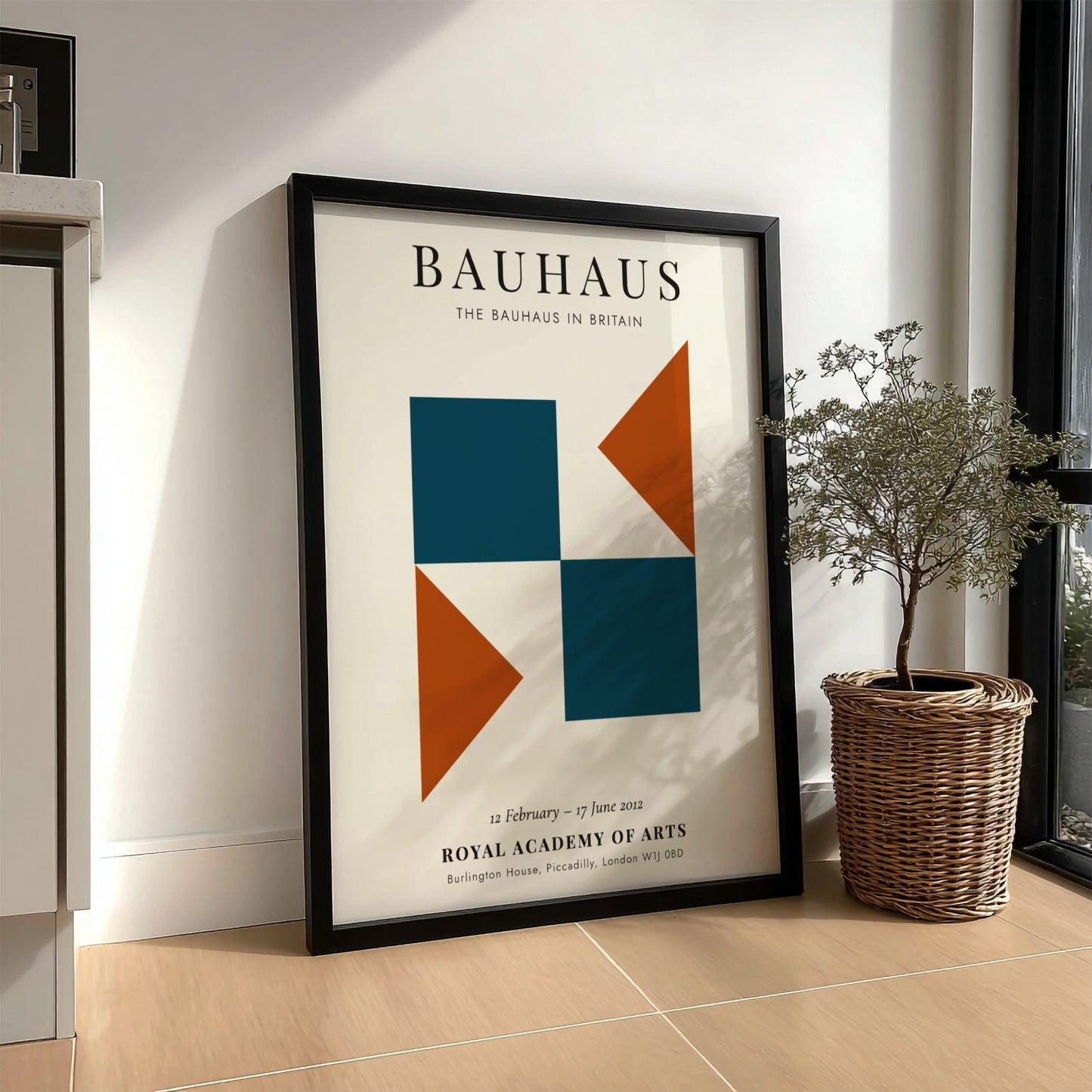 Bauhaus poster showcasing geometric shapes in teal and orange, modern wall decor