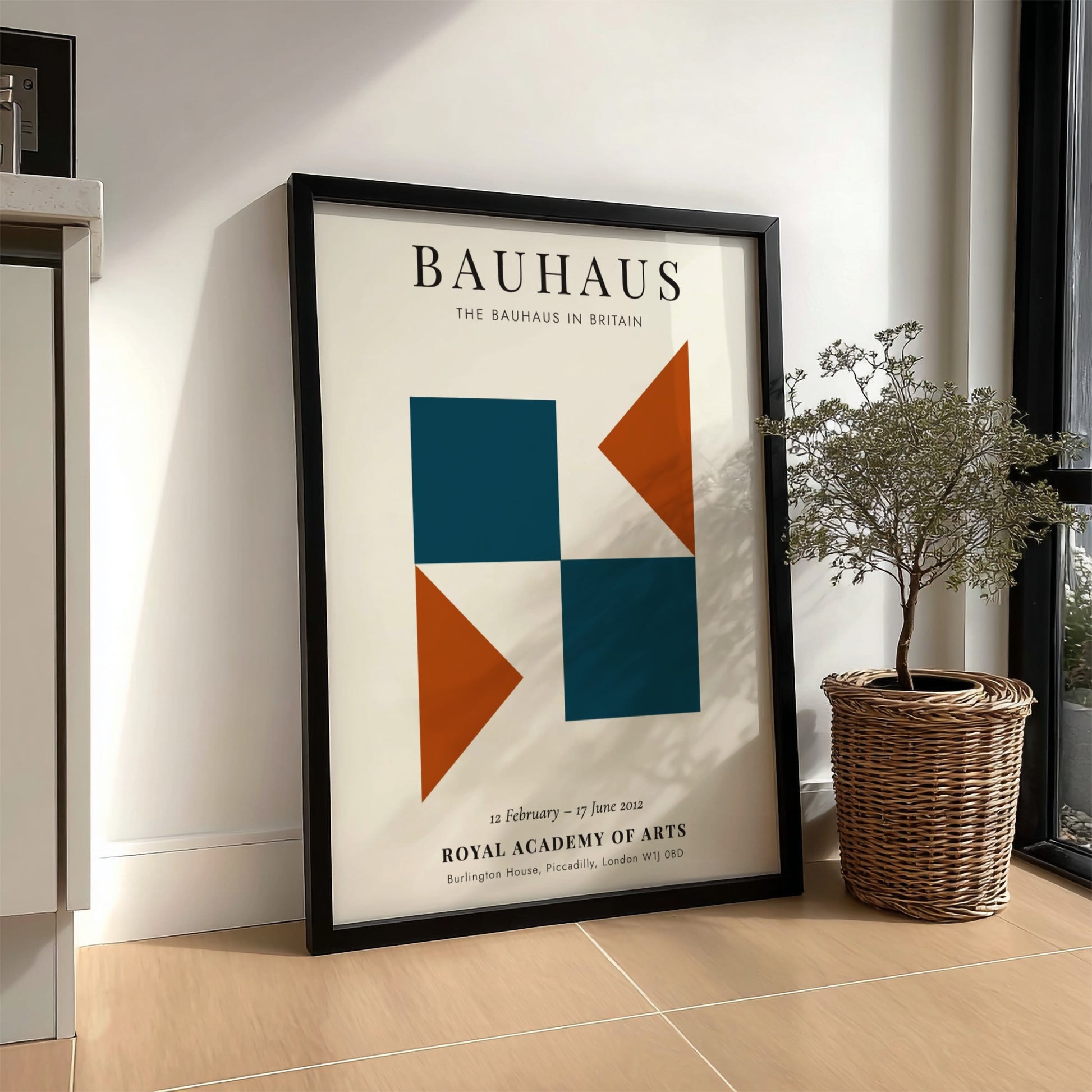 Bauhaus poster showcasing geometric shapes in teal and orange, modern wall decor