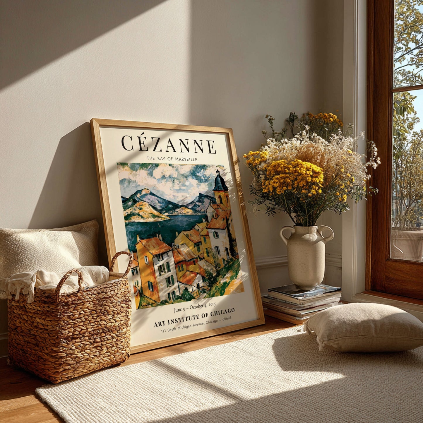 Cézanne exhibition poster featuring The Bay of Marseille with vibrant colors and dynamic brushwork