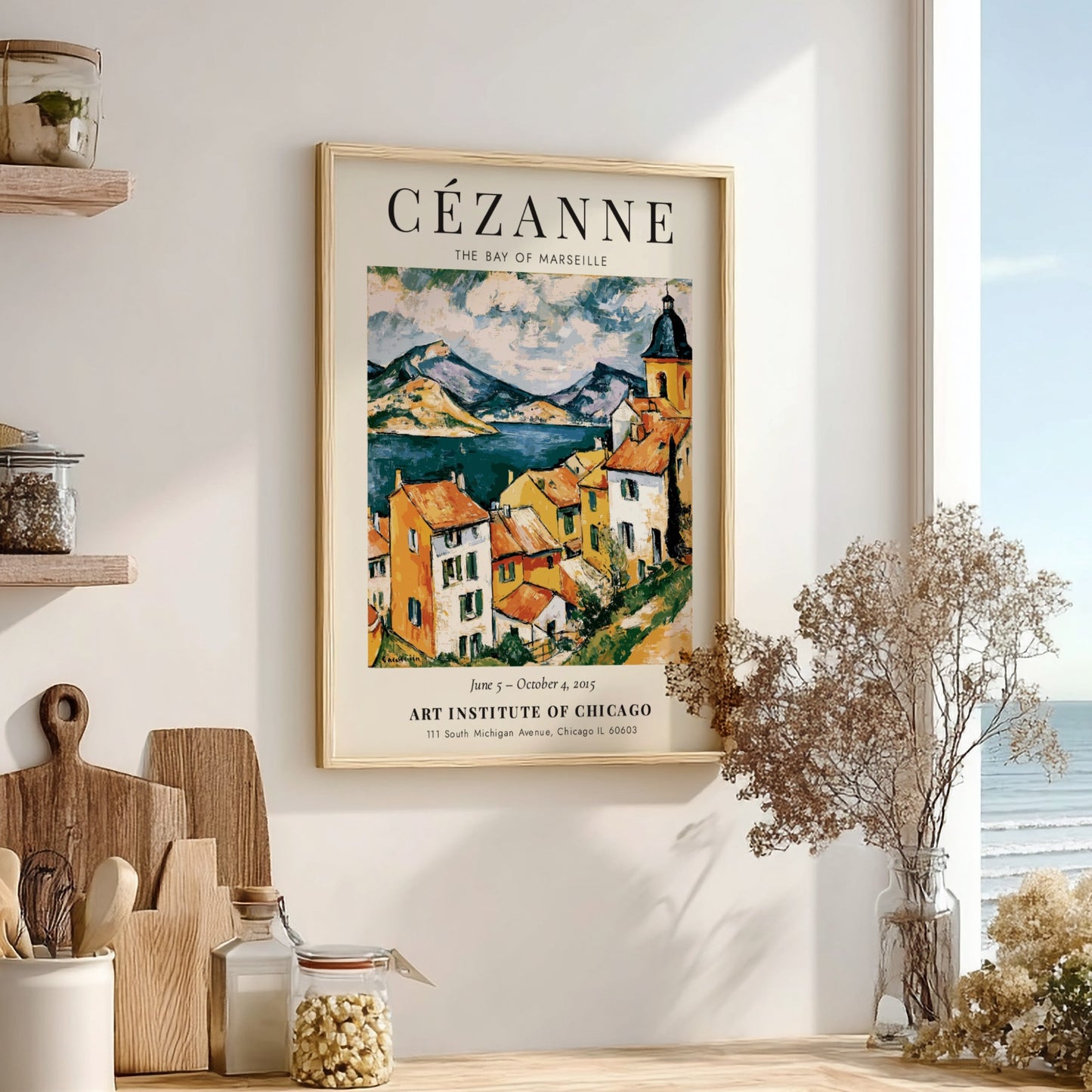 Cézanne exhibition poster featuring The Bay of Marseille with vibrant colors and dynamic brushwork