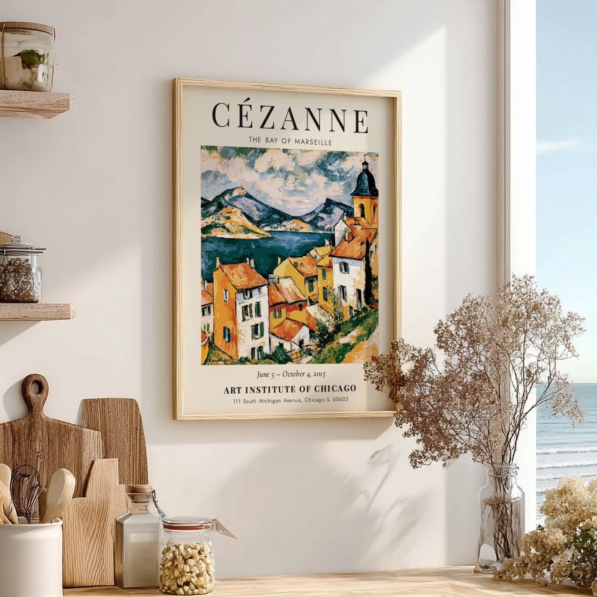 Cézanne exhibition poster featuring The Bay of Marseille with vibrant colors and dynamic brushwork