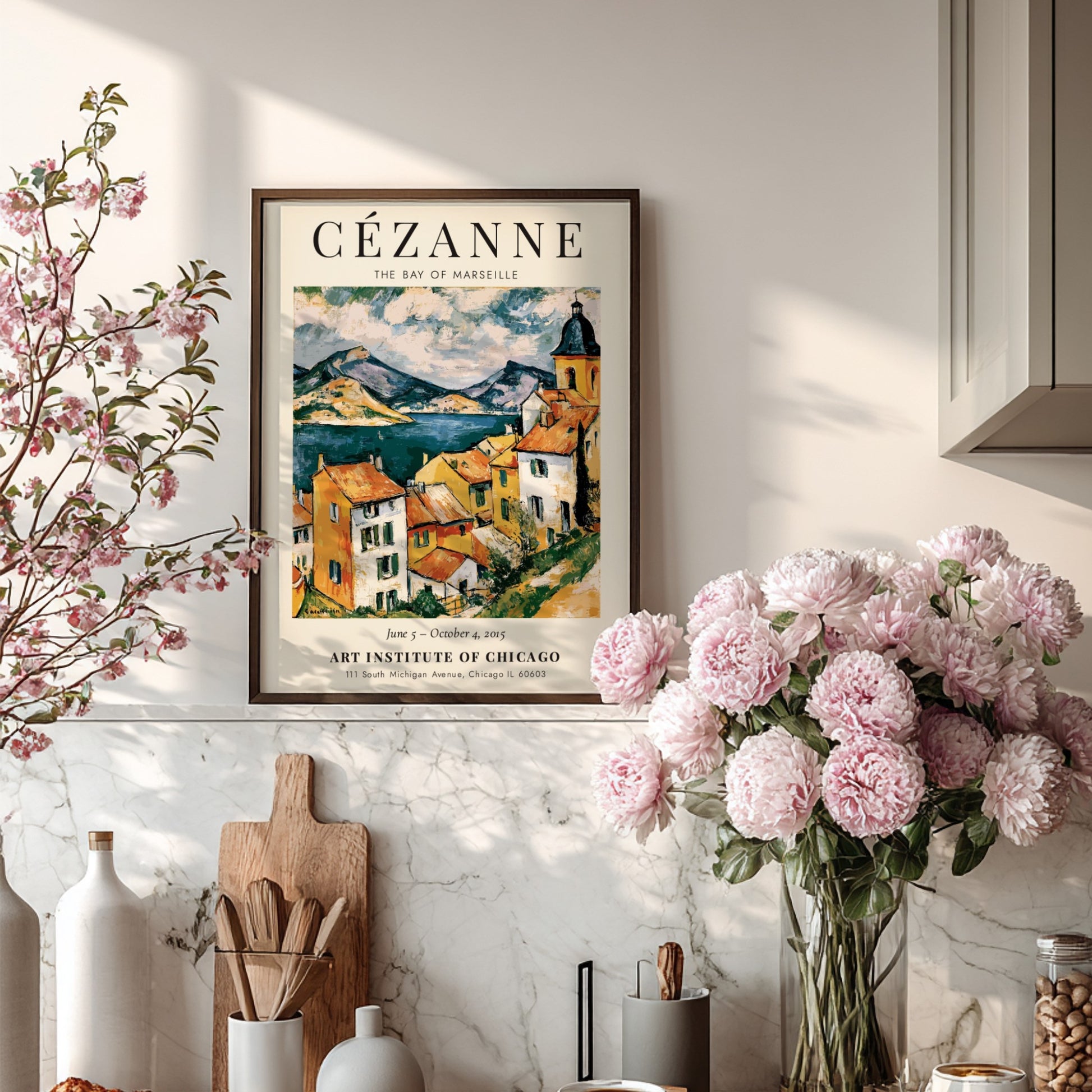 Cézanne exhibition poster featuring The Bay of Marseille with vibrant colors and dynamic brushwork