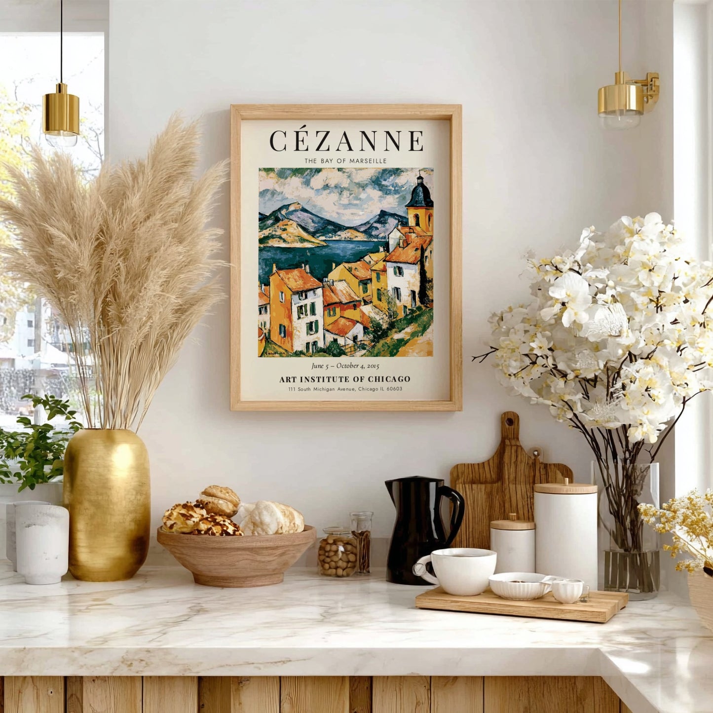 Cézanne exhibition poster featuring The Bay of Marseille with vibrant colors and dynamic brushwork