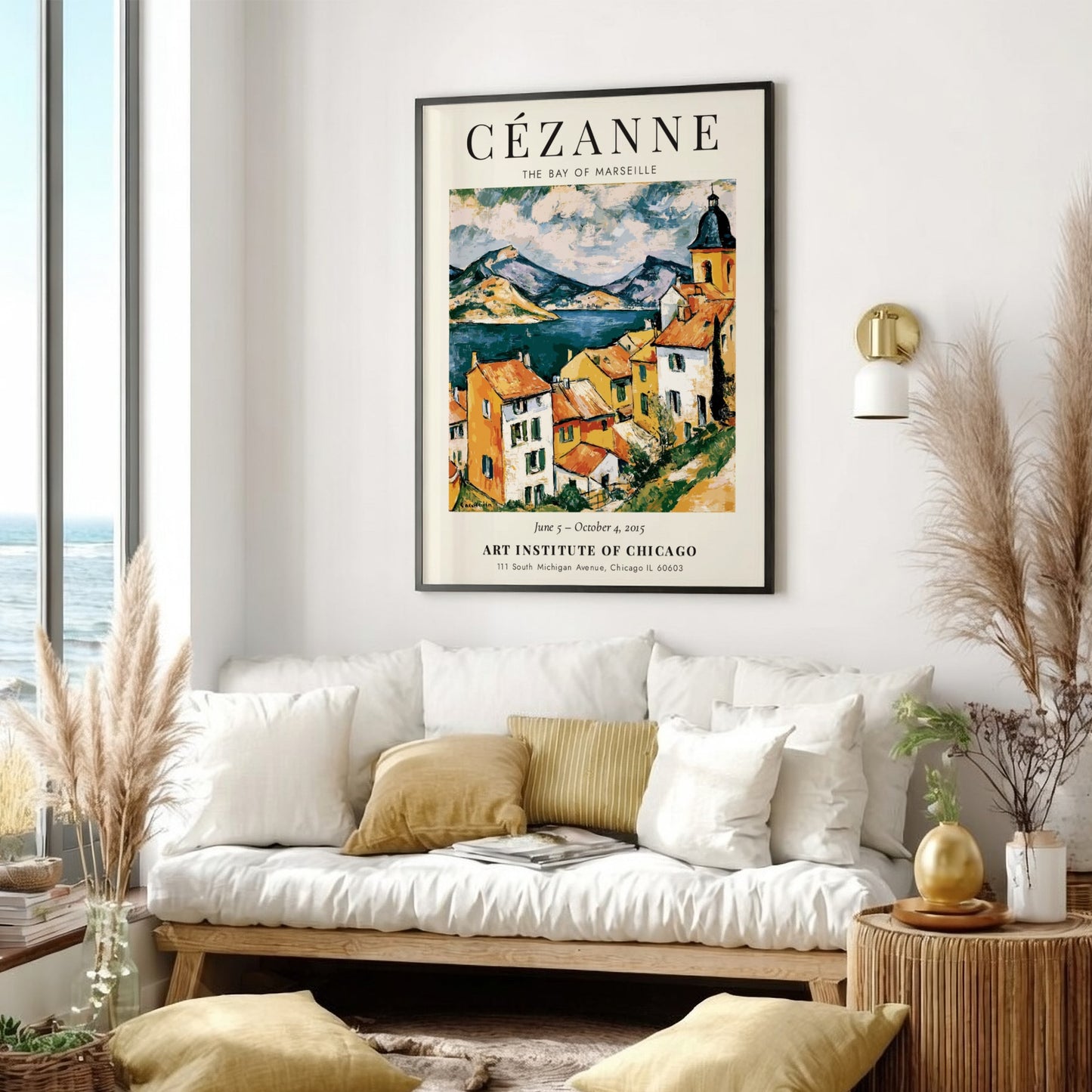 Cézanne exhibition poster featuring The Bay of Marseille with vibrant colors and dynamic brushwork