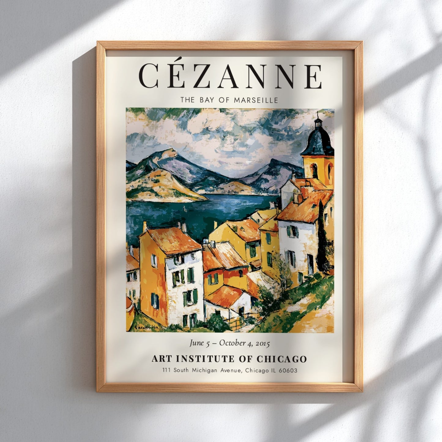 Cézanne exhibition poster featuring The Bay of Marseille with vibrant colors and dynamic brushwork