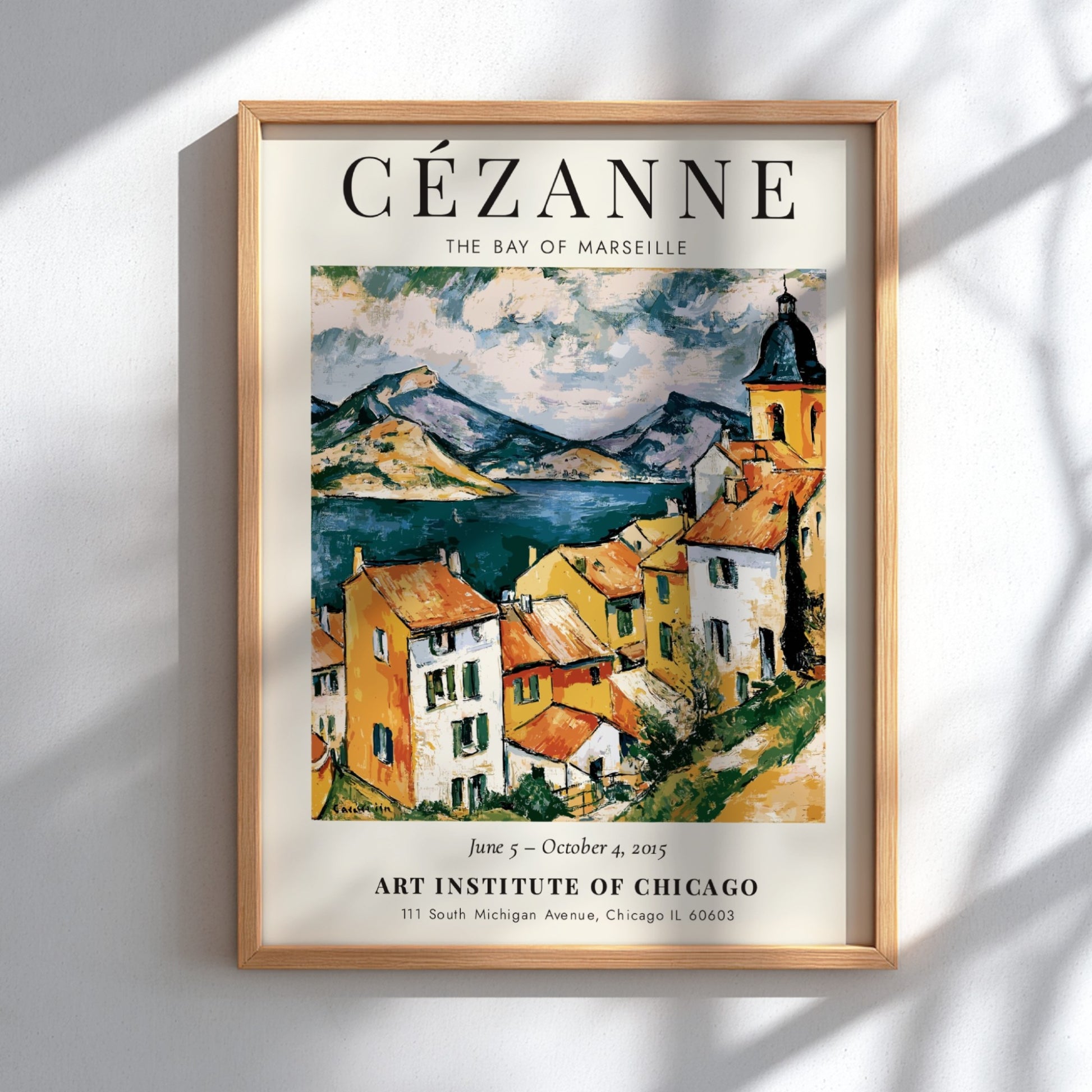 Cézanne exhibition poster featuring The Bay of Marseille with vibrant colors and dynamic brushwork