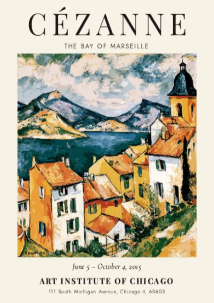 Cézanne exhibition poster featuring The Bay of Marseille with vibrant colors and dynamic brushwork