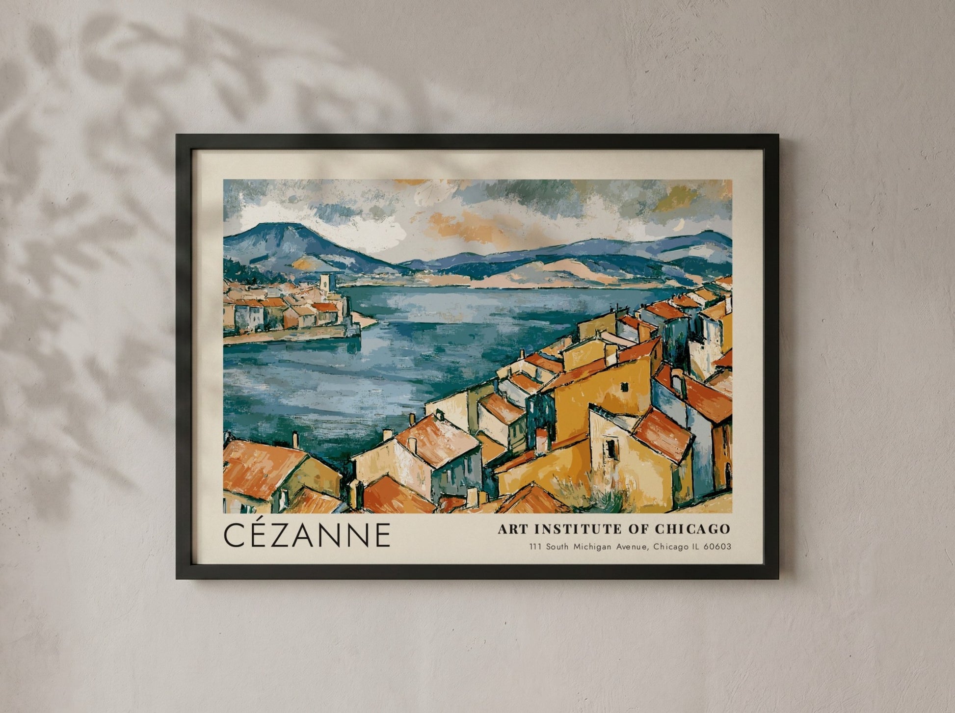 Wall art poster of Cézanne The Bay of Marseille featuring ochre houses and blue sea.