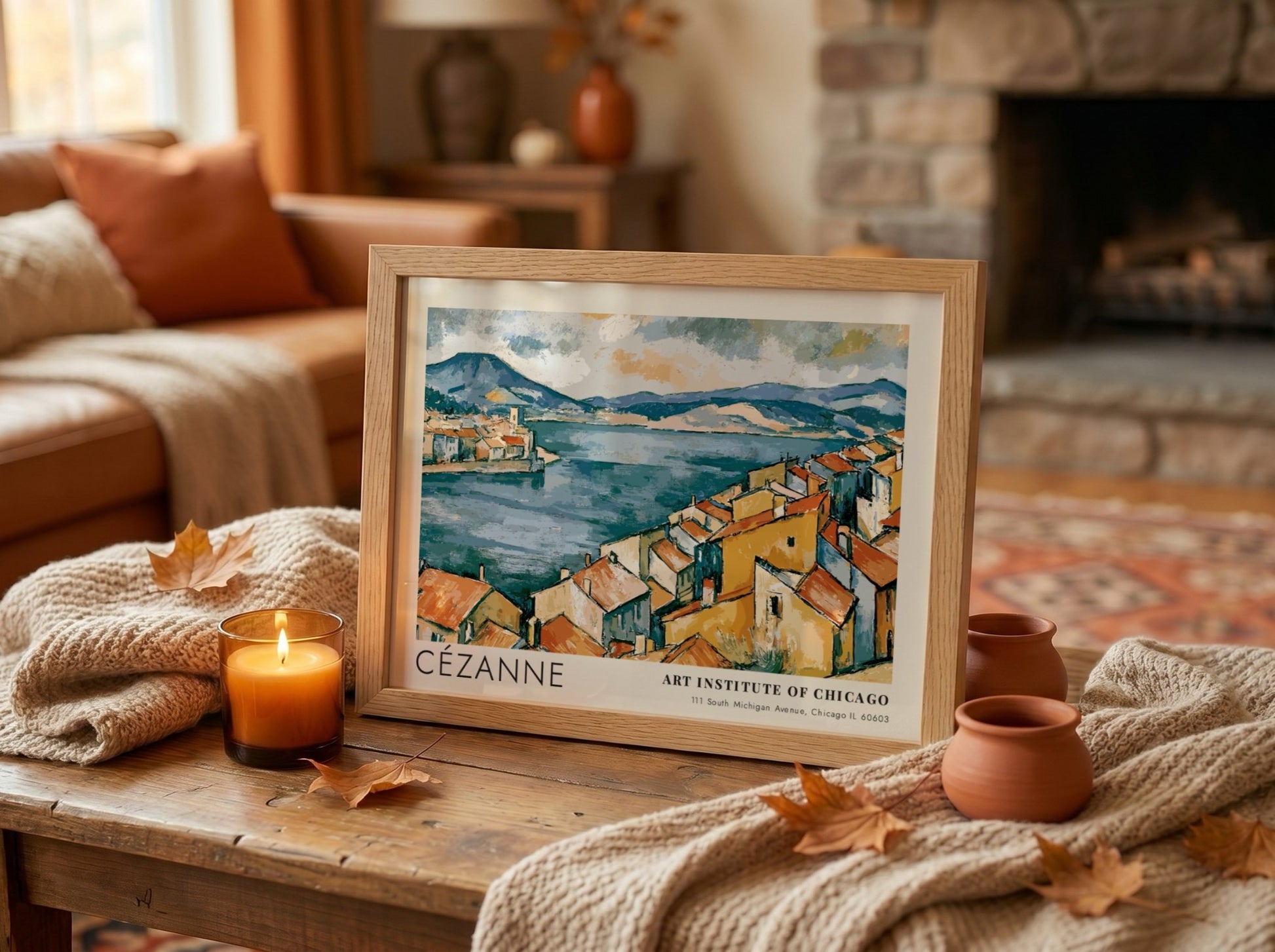 Wall art poster of Cézanne The Bay of Marseille featuring ochre houses and blue sea.
