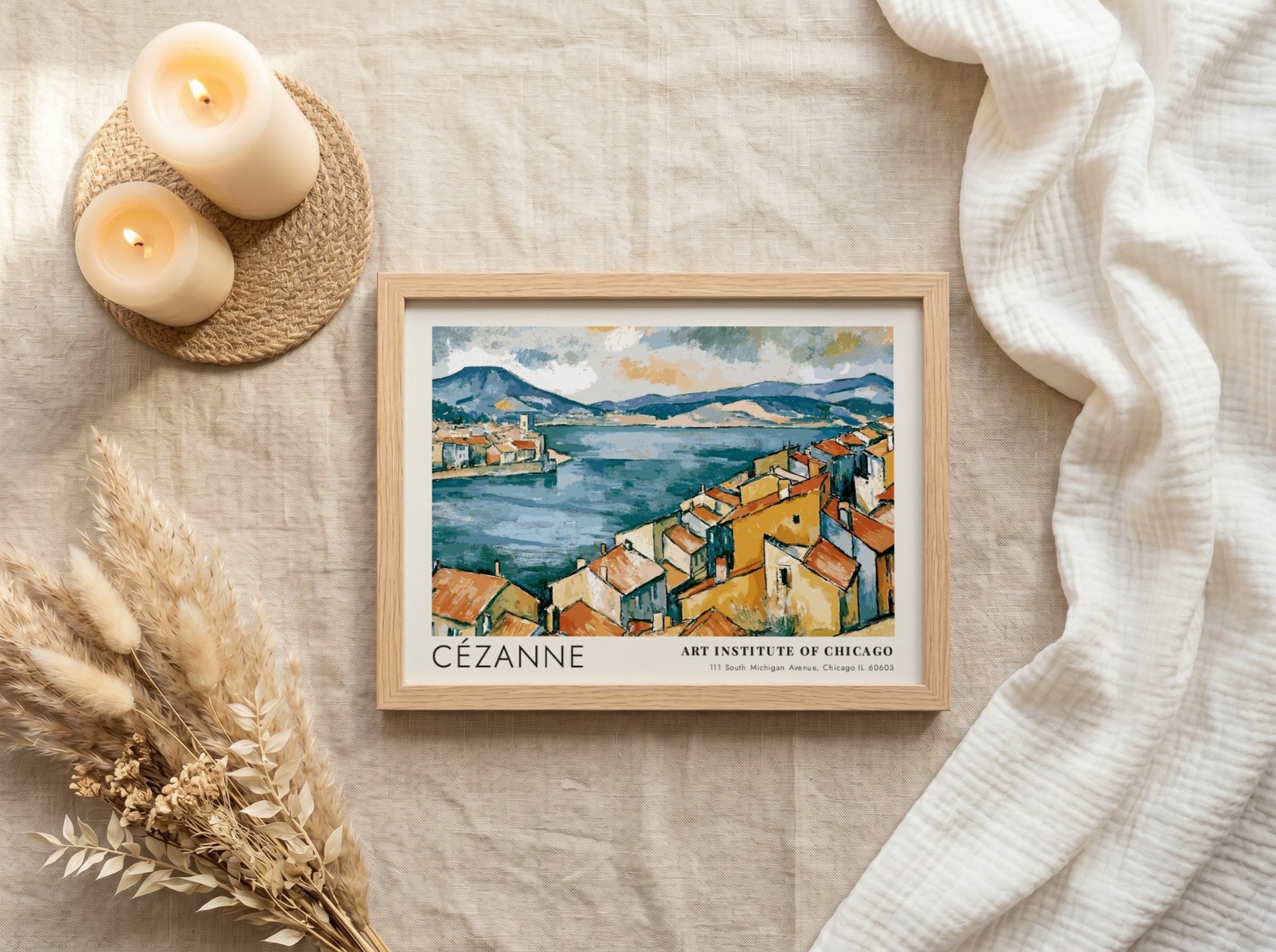 Wall art poster of Cézanne The Bay of Marseille featuring ochre houses and blue sea.
