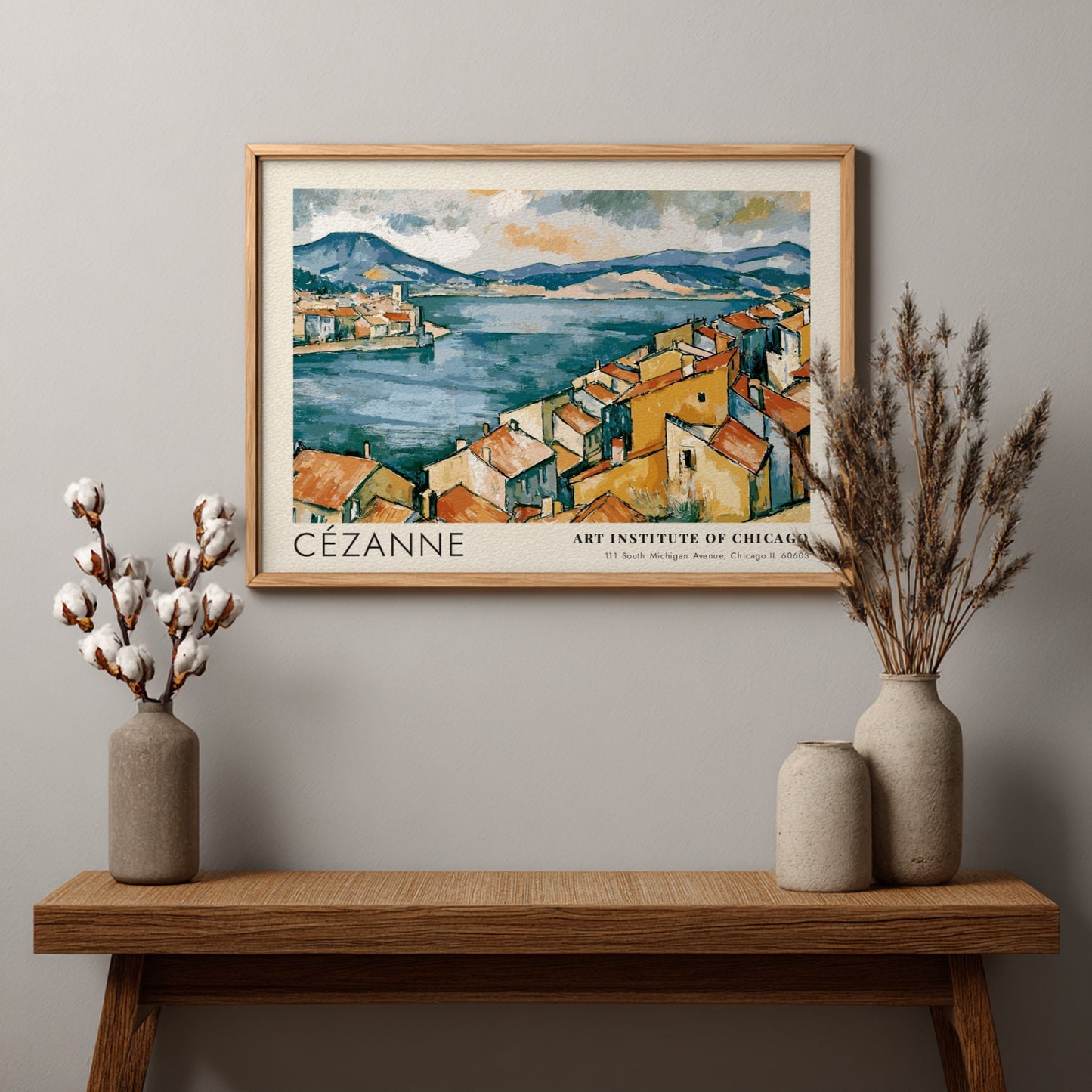 Wall art poster of Cézanne The Bay of Marseille featuring ochre houses and blue sea.