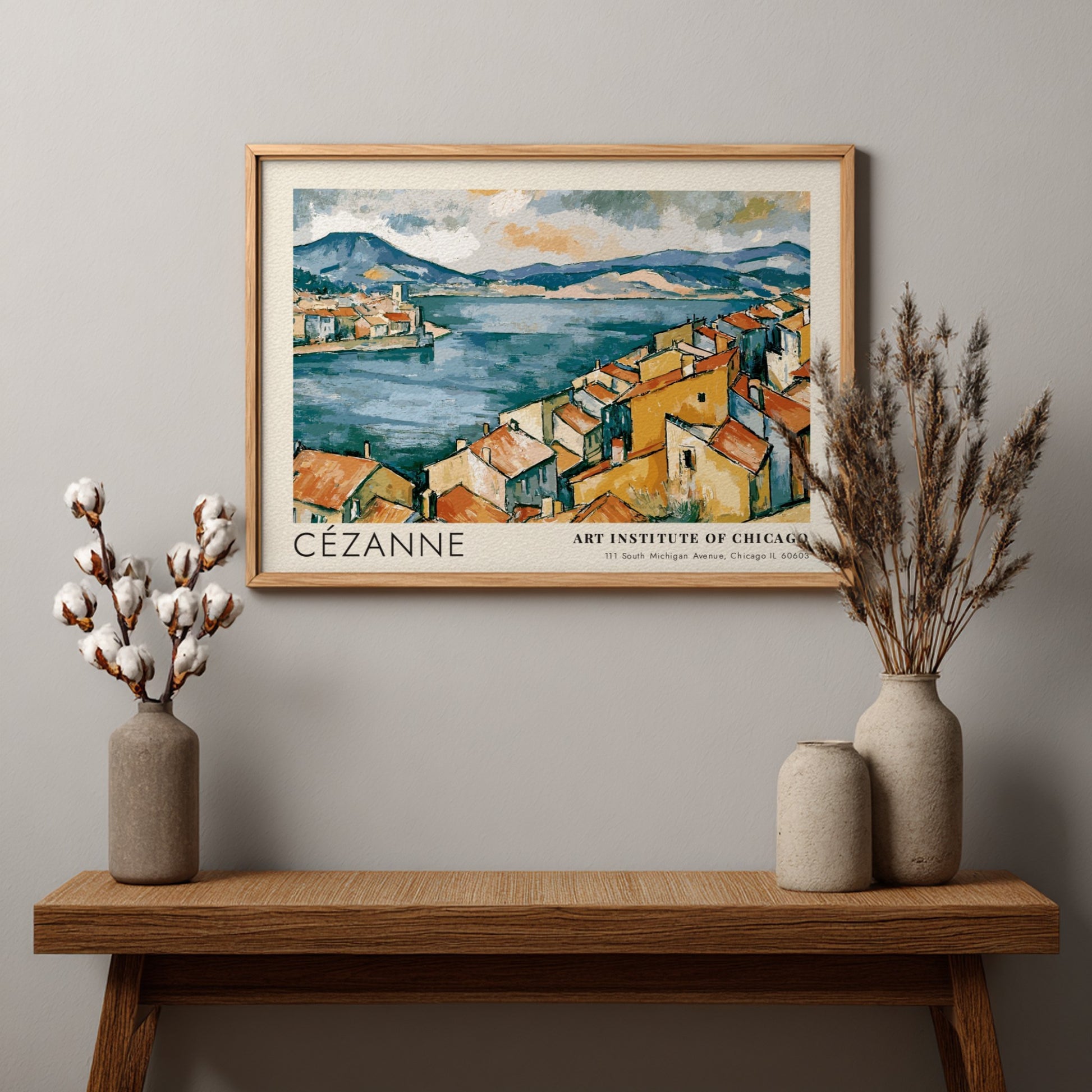 Wall art poster of Cézanne The Bay of Marseille featuring ochre houses and blue sea.