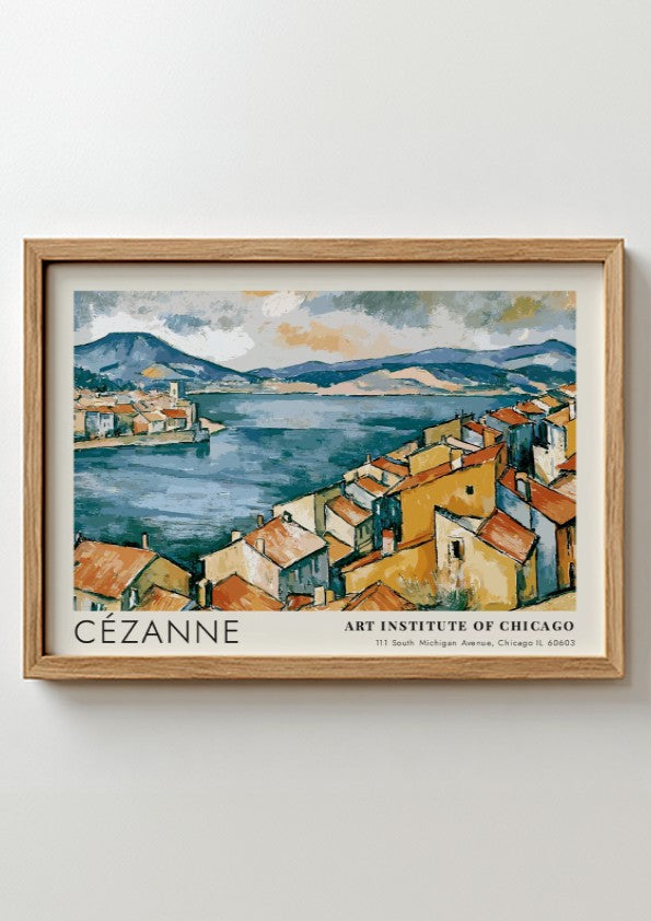 Wall art poster of Cézanne The Bay of Marseille featuring ochre houses and blue sea.