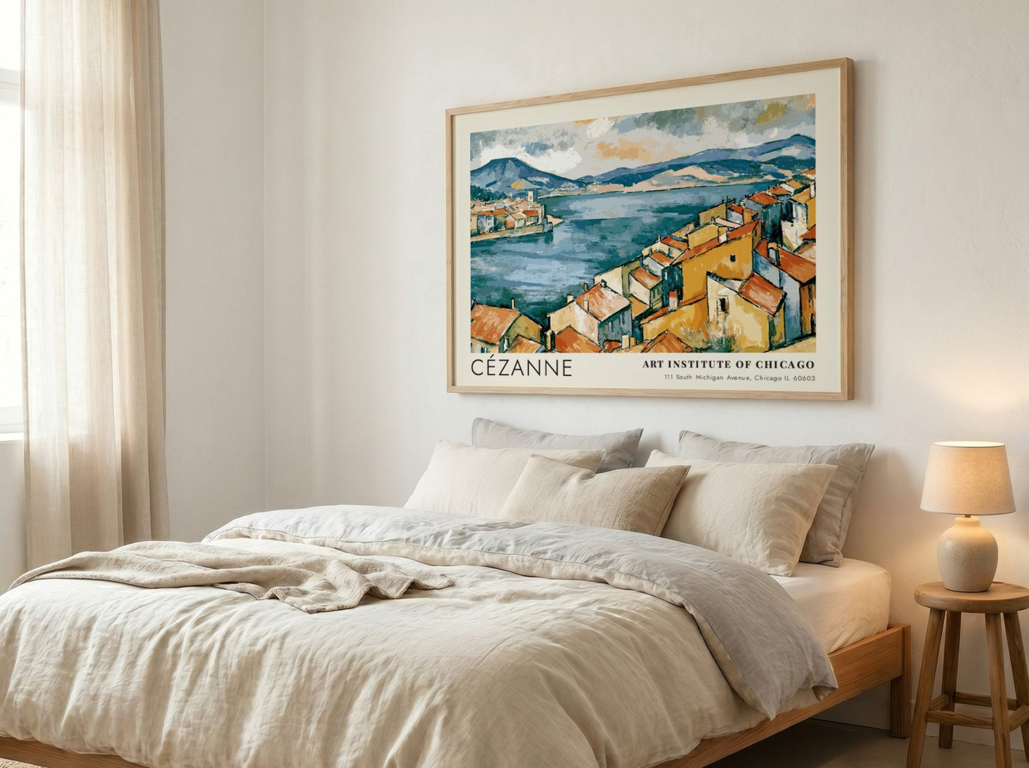 Wall art poster of Cézanne The Bay of Marseille featuring ochre houses and blue sea.