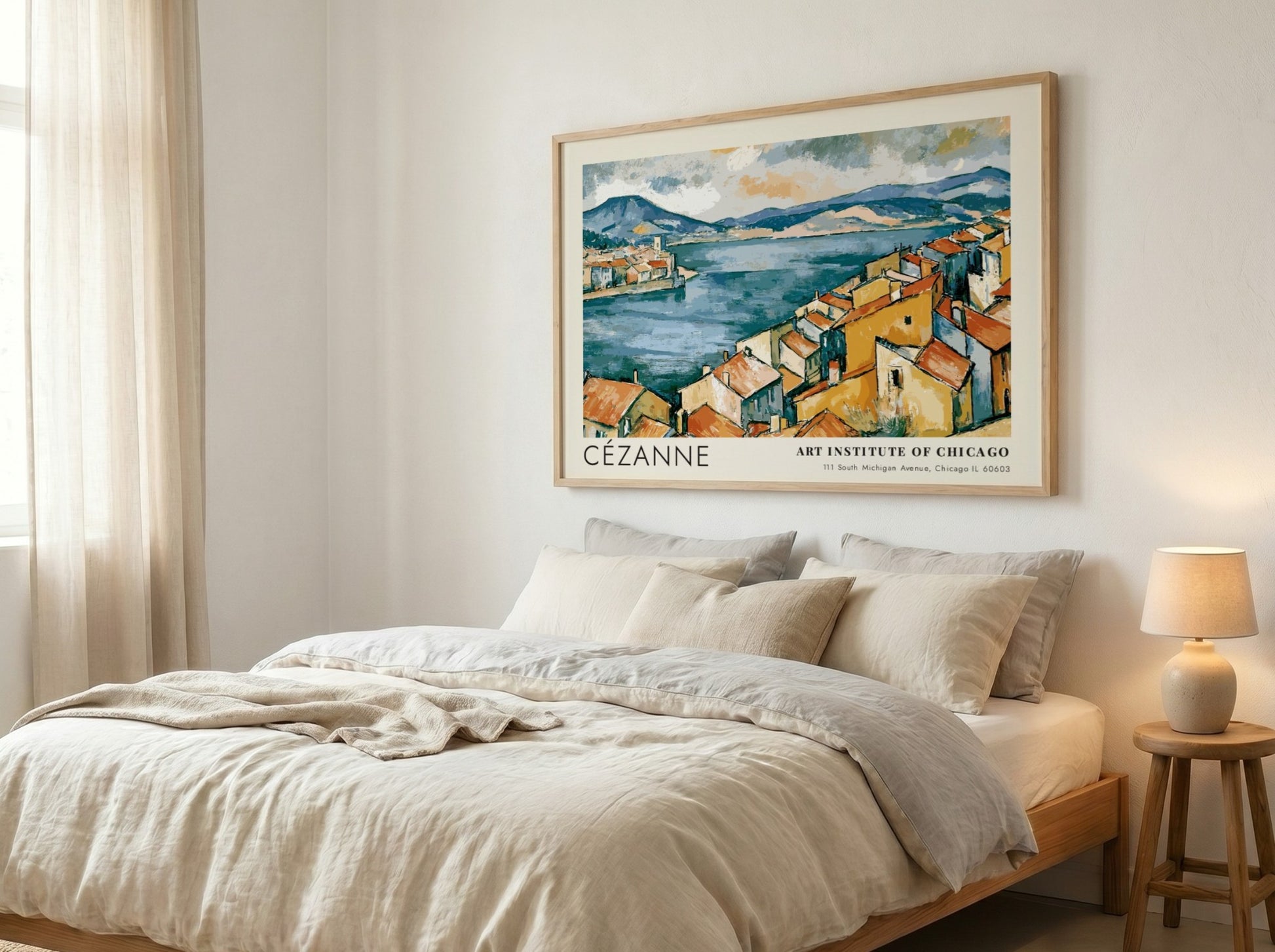 Wall art poster of Cézanne The Bay of Marseille featuring ochre houses and blue sea.