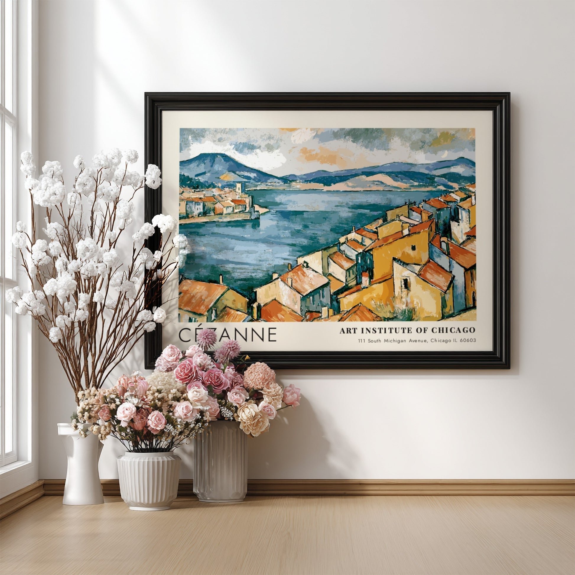 Wall art poster of Cézanne The Bay of Marseille featuring ochre houses and blue sea.