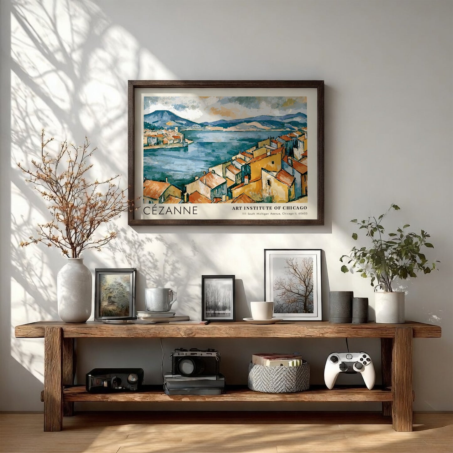 Wall art poster of Cézanne The Bay of Marseille featuring ochre houses and blue sea.