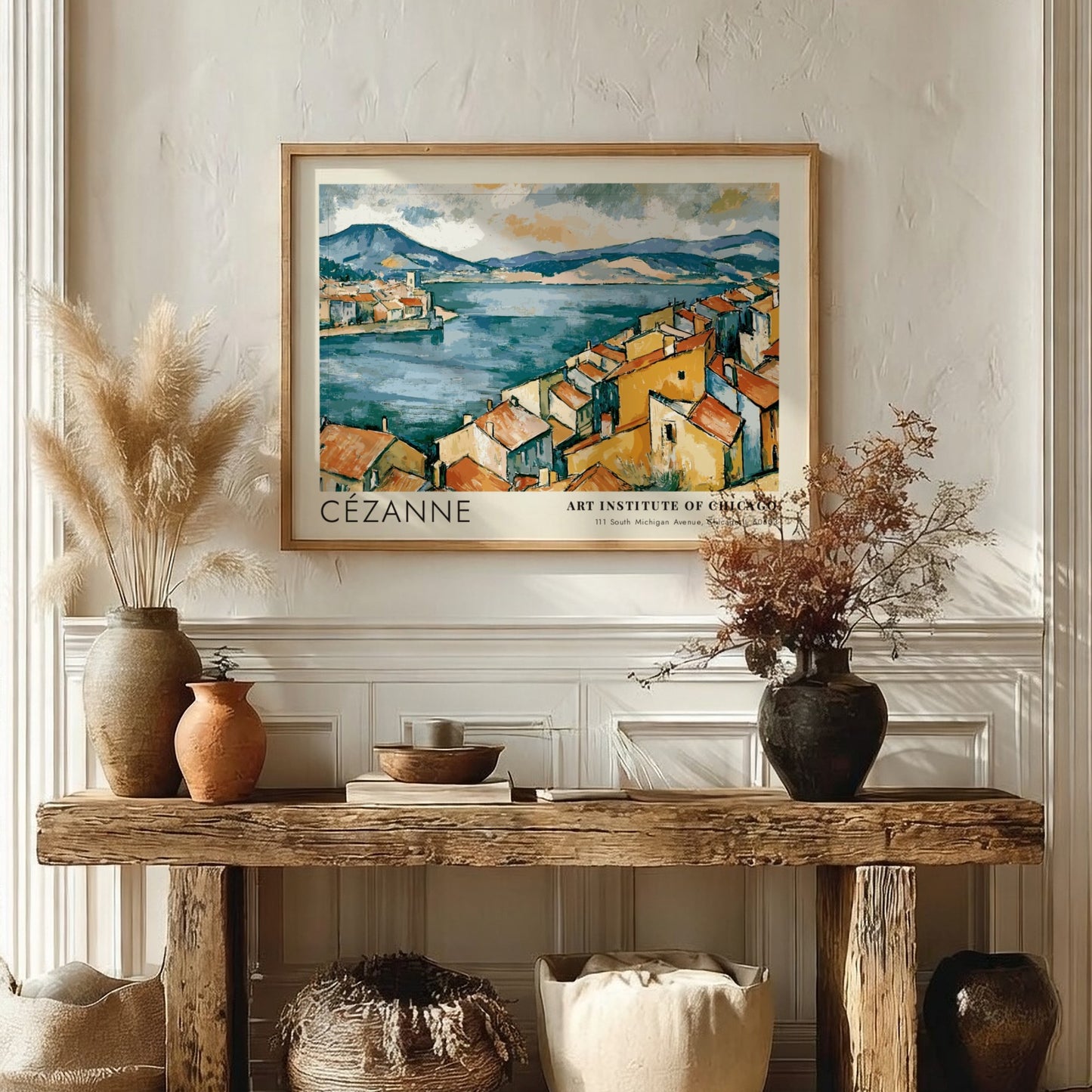 Wall art poster of Cézanne The Bay of Marseille featuring ochre houses and blue sea.
