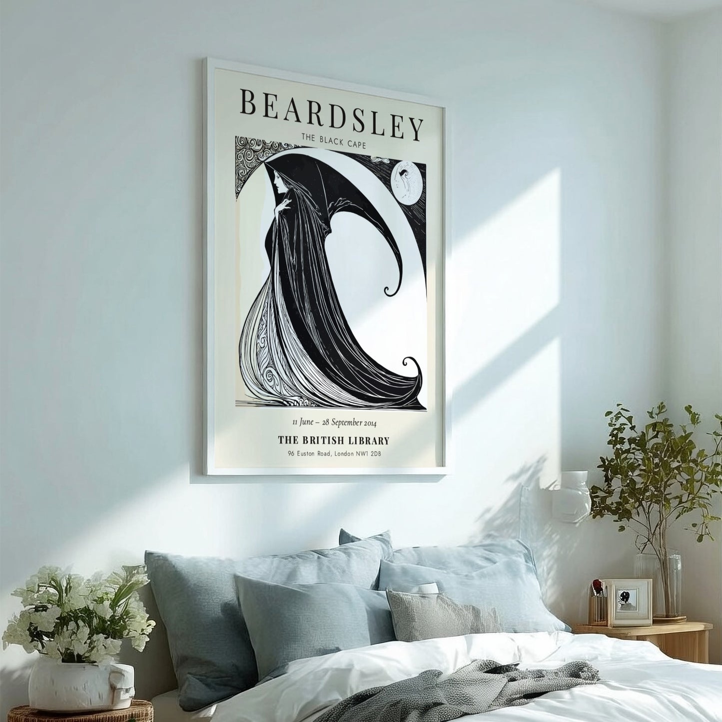 Aubrey Beardsley poster featuring The Black Cape in black and white, showcasing elegant line art and dramatic
