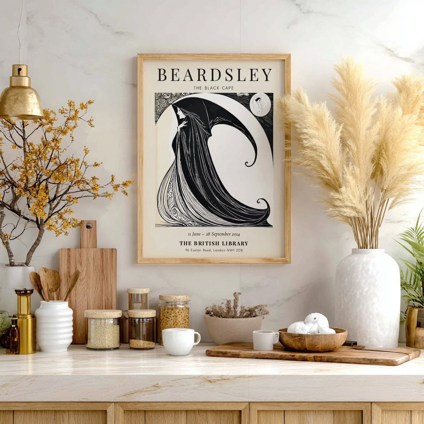 Aubrey Beardsley poster featuring The Black Cape in black and white, showcasing elegant line art and dramatic