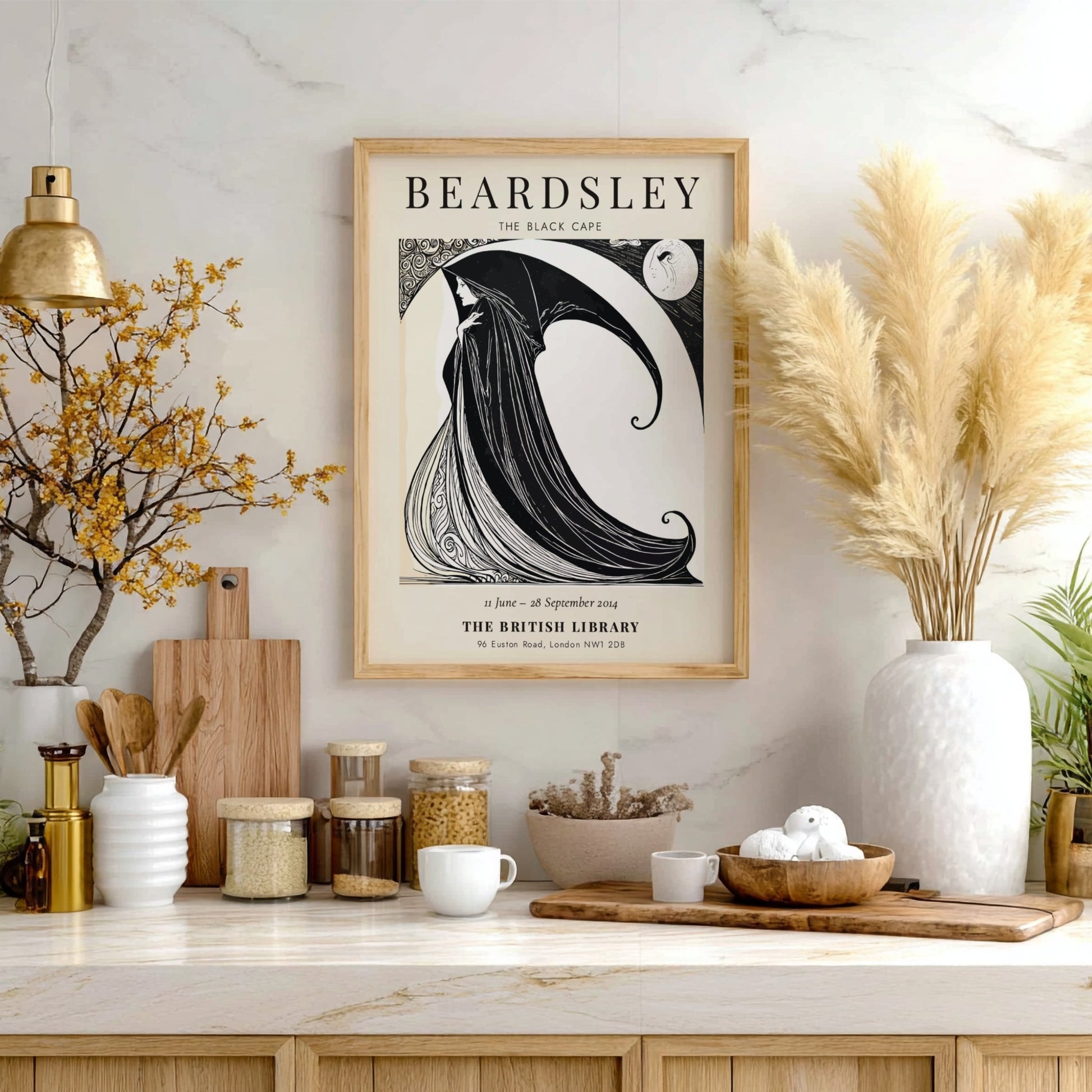 Aubrey Beardsley poster featuring The Black Cape in black and white, showcasing elegant line art and dramatic