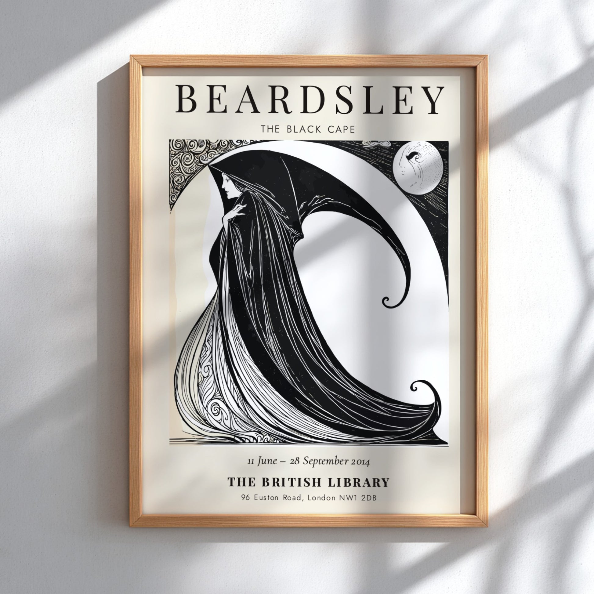 Aubrey Beardsley poster featuring The Black Cape in black and white, showcasing elegant line art and dramatic