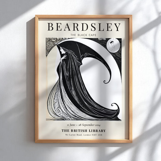 Aubrey Beardsley poster featuring The Black Cape in black and white, showcasing elegant line art and dramatic