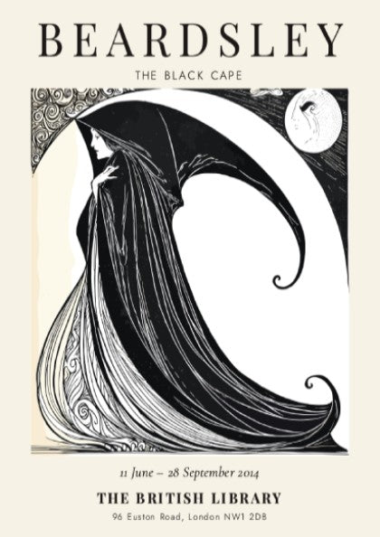 Aubrey Beardsley poster featuring The Black Cape in black and white, showcasing elegant line art and dramatic