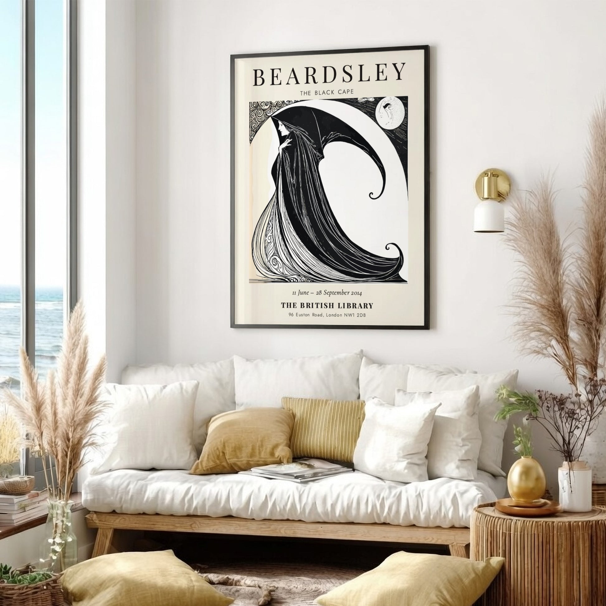 Aubrey Beardsley poster featuring The Black Cape in black and white, showcasing elegant line art and dramatic