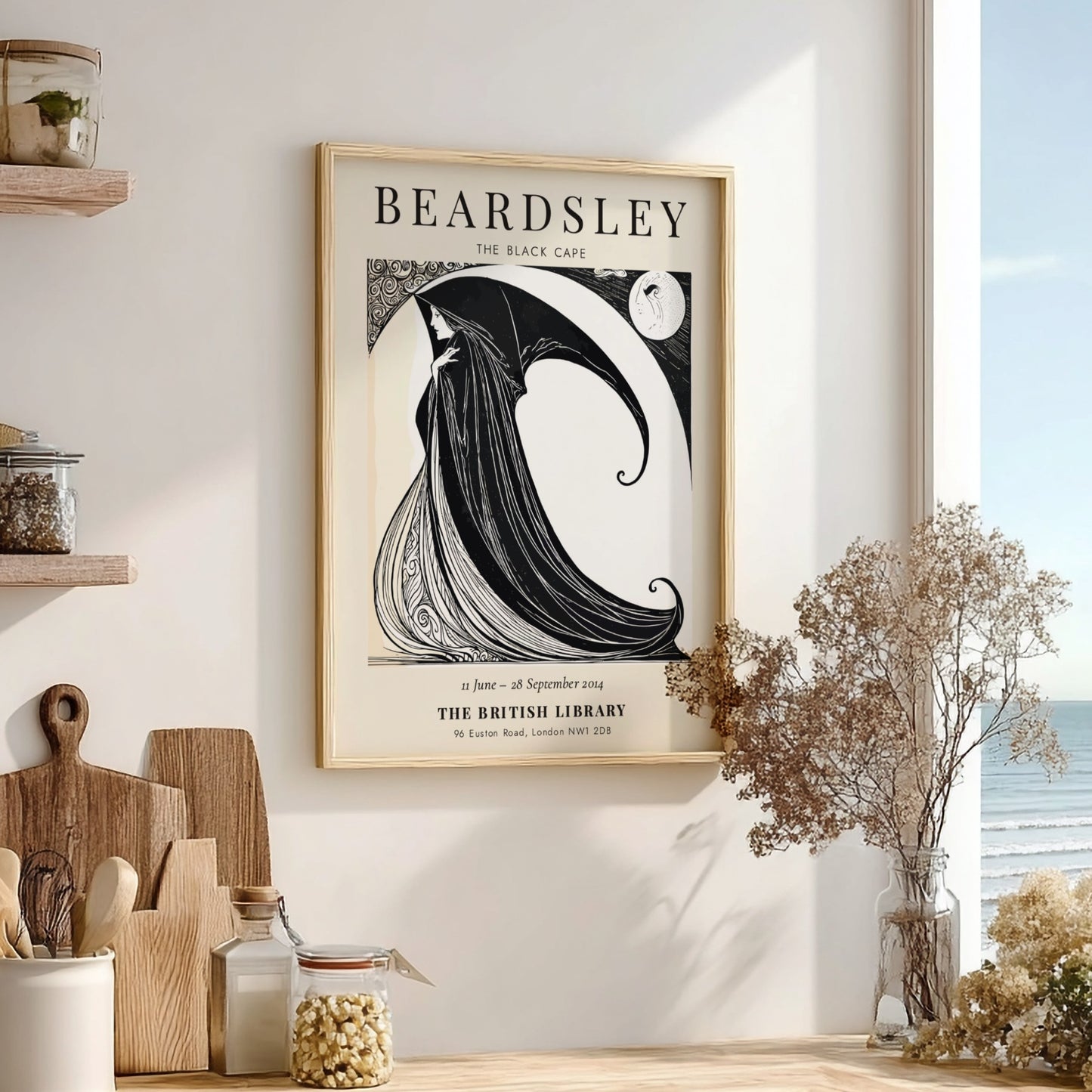 Aubrey Beardsley poster featuring The Black Cape in black and white, showcasing elegant line art and dramatic